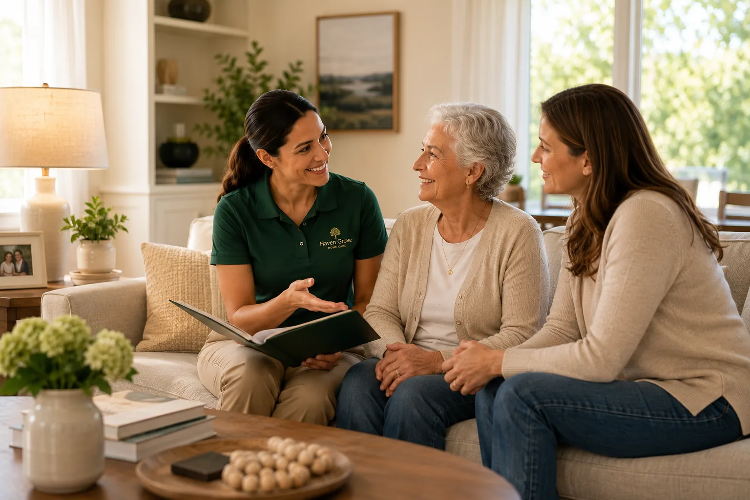 A Haven Grove care advisor talking with an older adult and her adult daughter at the kitchen table during an in-home consultation.